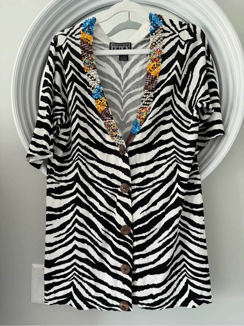Vintage Berek zebra Print Cárdigan beaded short sleeve sweater jacket art